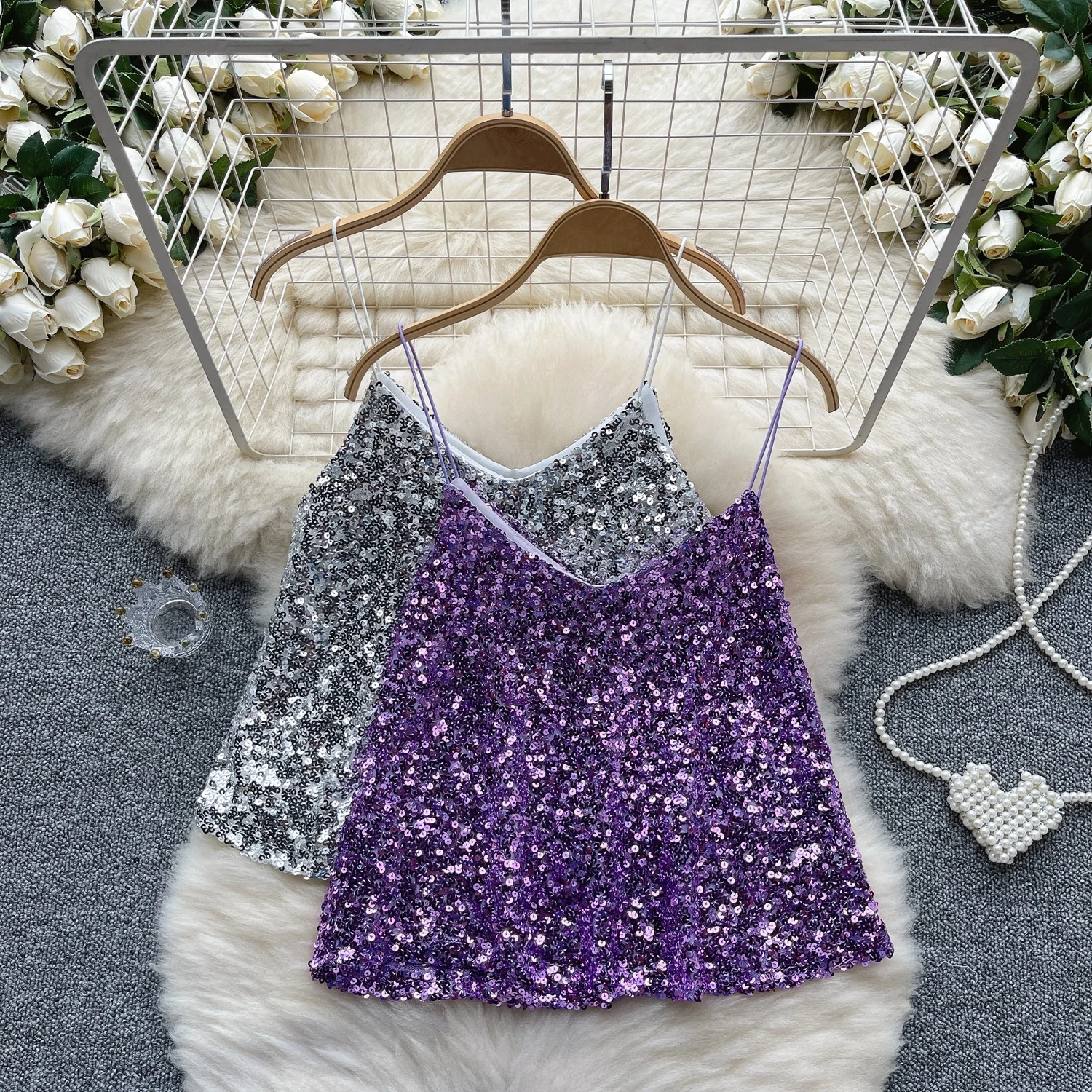 

Clothland Women Sexy Sequined Shiny Blouse Spaghetti Strap Sleeveless Backless V Neck Shirt Chic Tops Mujer WA250