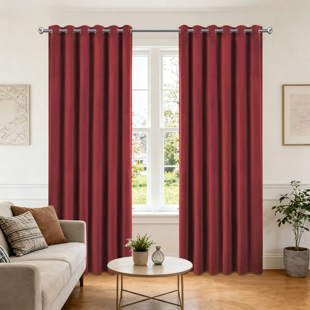 Burgundy Red Velvet Grommet Curtain, Light Blocking Privacy Drape for Retro Luxury Living Room Bedroom Balcony Home Decor