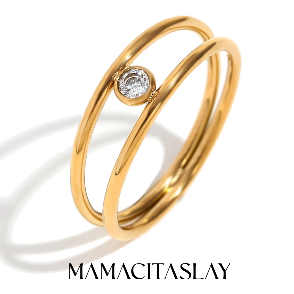 MamacitaSlay Minimalist Double-Layer กลางรอบเพทายแหวนผู้หญิงทองชุบสแตนเลสผู้หญิงเครื่องประดับของขวัญ