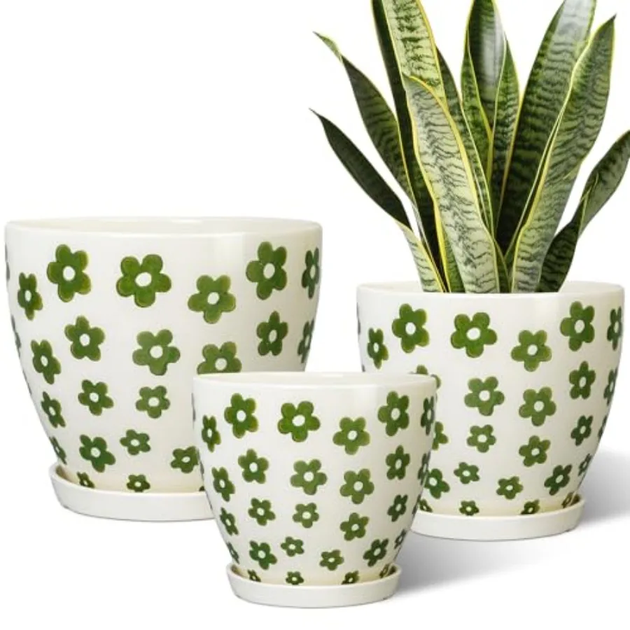 

Керамические горшки для комнатных растений - набор 10+8+6 дюймов, круглые керамические кашпо в стиле бохо с дренажными отверстиями и поддонами