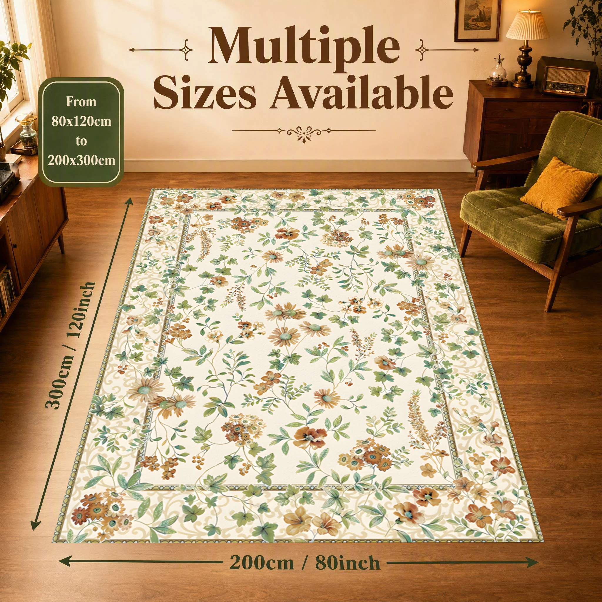2D Large Carpet with Retro Watercolor Floral Pattern, French Gentle Style, Suitable for Living Room, Bedroom, and Bedside, Instantly Refreshes Autumn and Winter Decorations