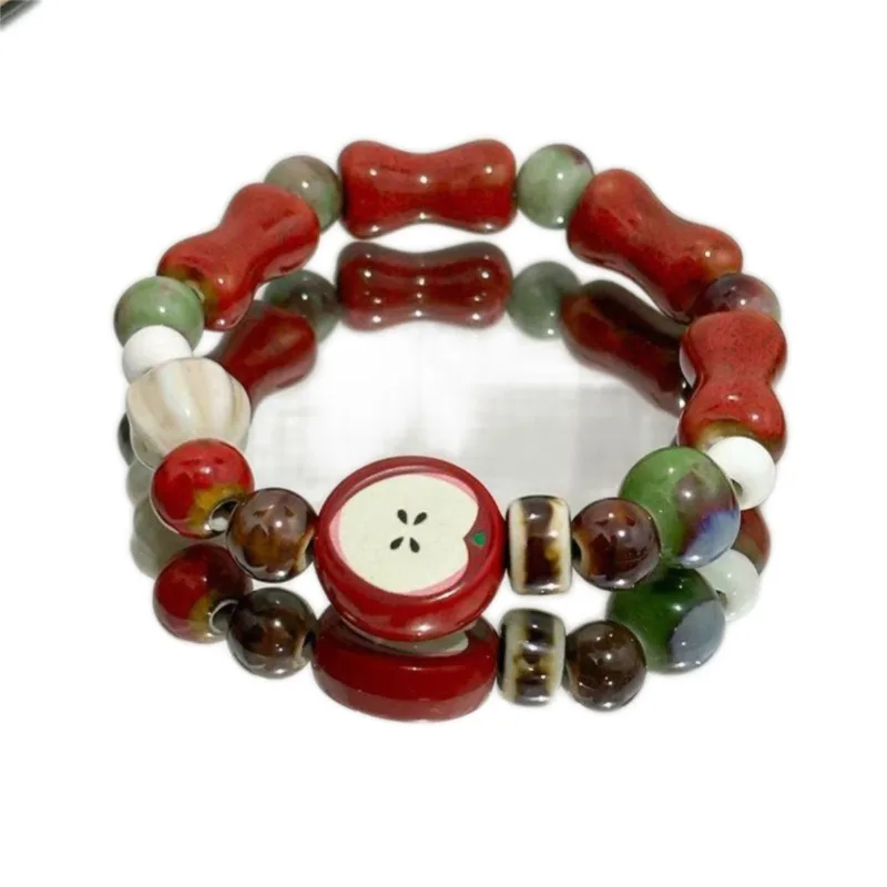 Handmade Apple Fruit Bone Bead Ceramic Bracelet Stretchable Boho Ethnic Jewelry Unique Gift image 5