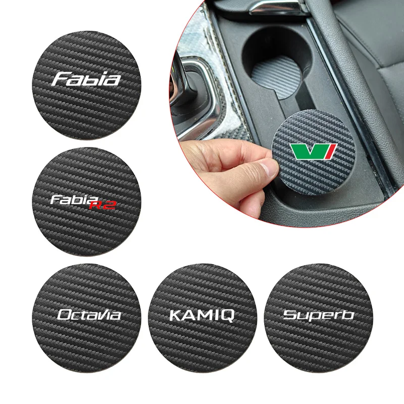 2 PCS PU Leather Car Non-slip Cup Pad Water Cup Mat For Skoda Octavia Fabia Rapid Scala Citigo Karoq Kamiq Superb Enyaq Roomster