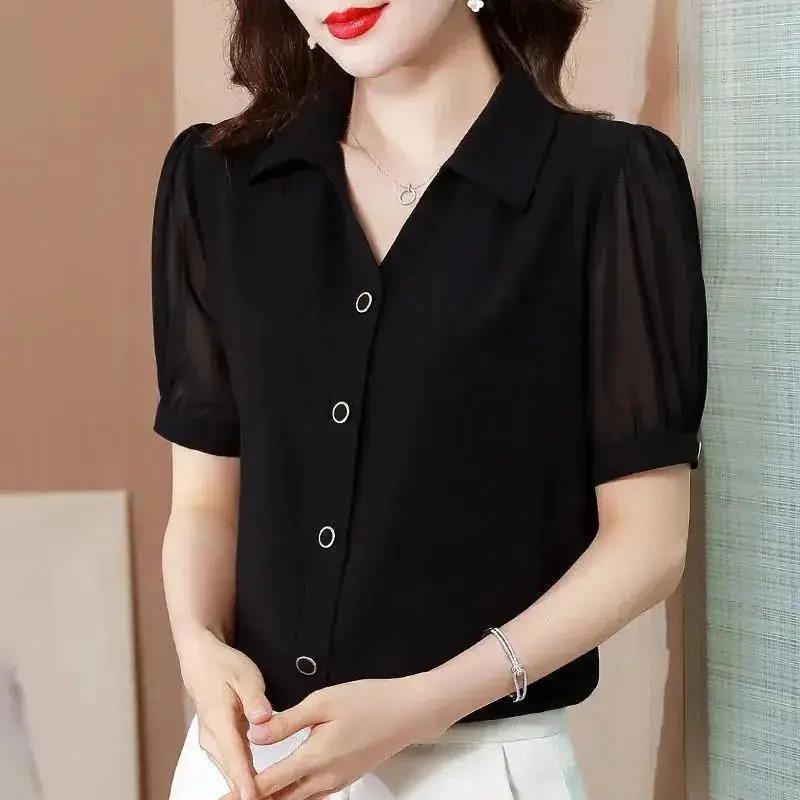 2023 verão gola polo roupas femininas cor sólida único breasted fio líquido retalhos topos feminina elegante moda chiffon camisa