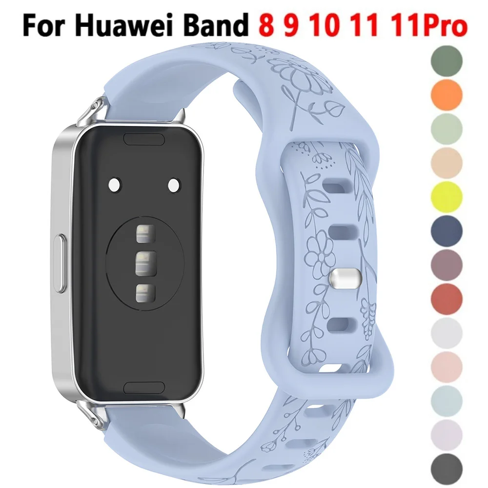 Sunflower Carved Pattern Strap For Huawei Band 11 11Pro NFC Engraved Silicone Strap For Huawei Band 10 9 8 Soft Wristband