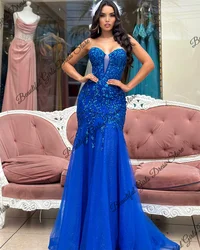 Sexy Tulle Sweetheart Lace Appliques Mermaid Prom Dresses Sparkly Sheer Corset Sleeveless Formal Evening Party Long Ball Gowns