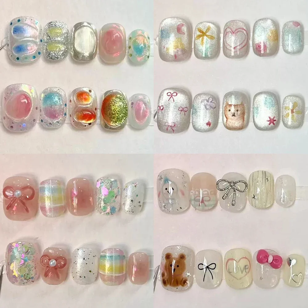 

10Pcs Cute Handmade Short Square Round Press On Nail Cartoon Bear Cat Diamond Flowers Design Wearable Full Cover Fake Nails Tips