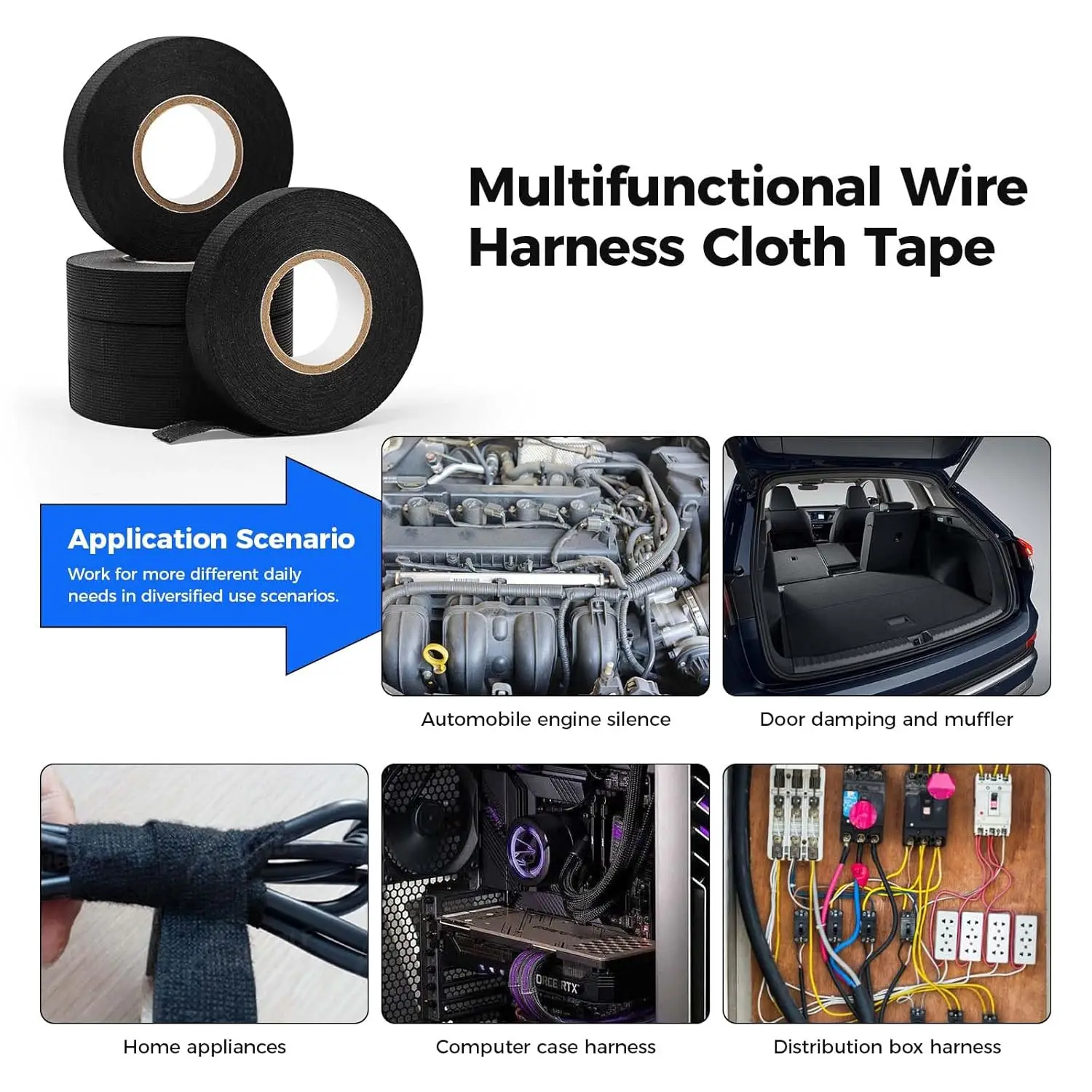 Automotive wire harness tape, black adhesive cloth tape, suitable for automotive wire harness, noise reduction, and insulation