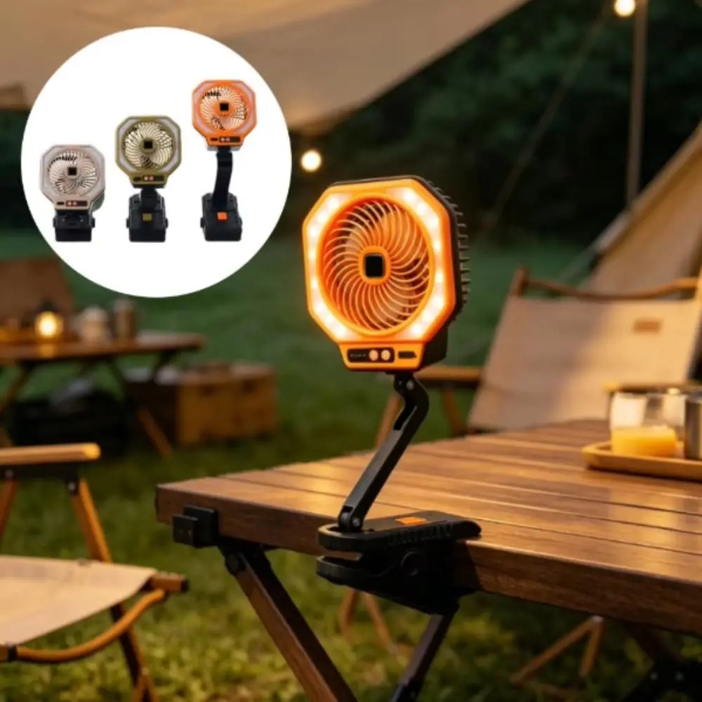 3-Speed Adjustable Camping Fan Foldable Design Usb Charging Led Ambient Light With Clamp Rechargeable Fan Lamp Outdoor Activity