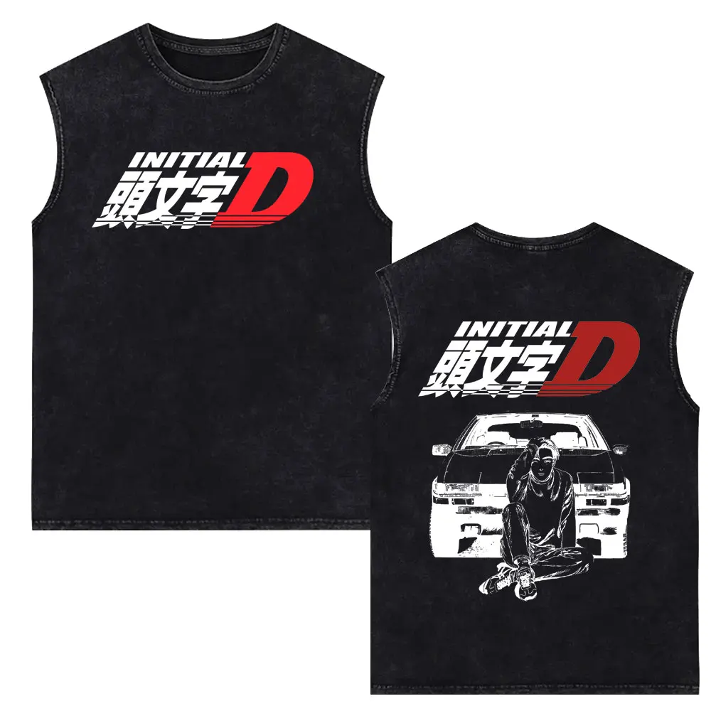 Anime Initial D Drift AE86 Takumi Fujiwara Print Vintage Washed Tank Tops Men's Fashion Manga Oversized Sleeveless Vest T Shirts