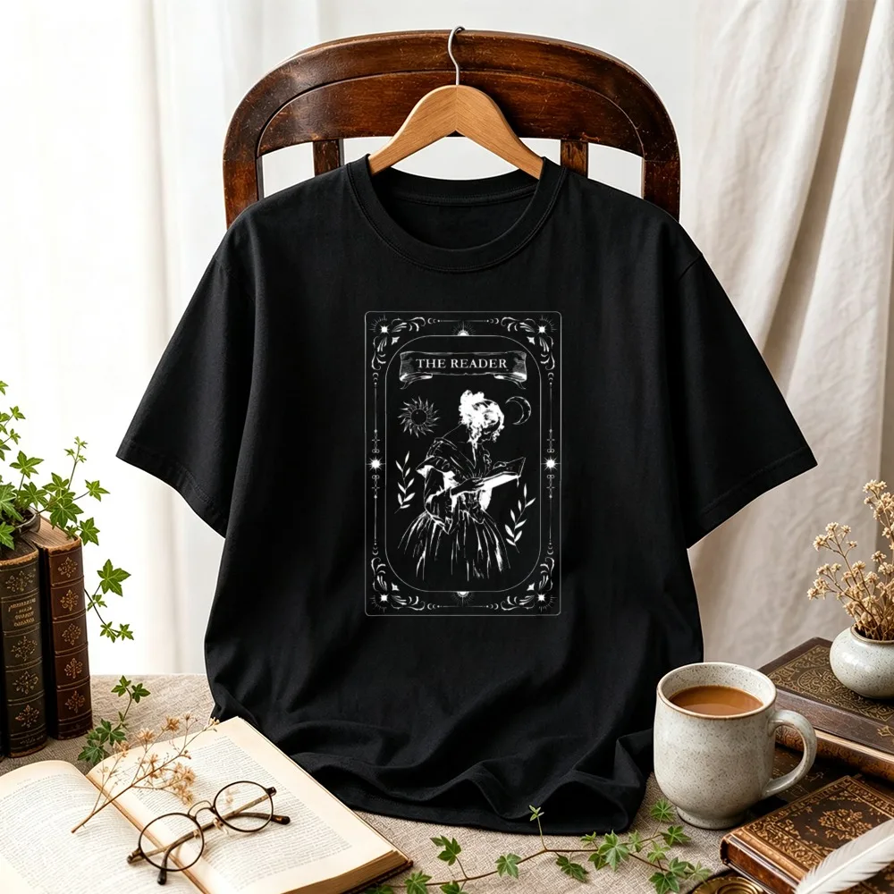 Women The Reader Tarot Card Graphic T-Shirt Book Lover Bookish Vintage Lady Reading Print Tee Academia Mystical Literary Tops