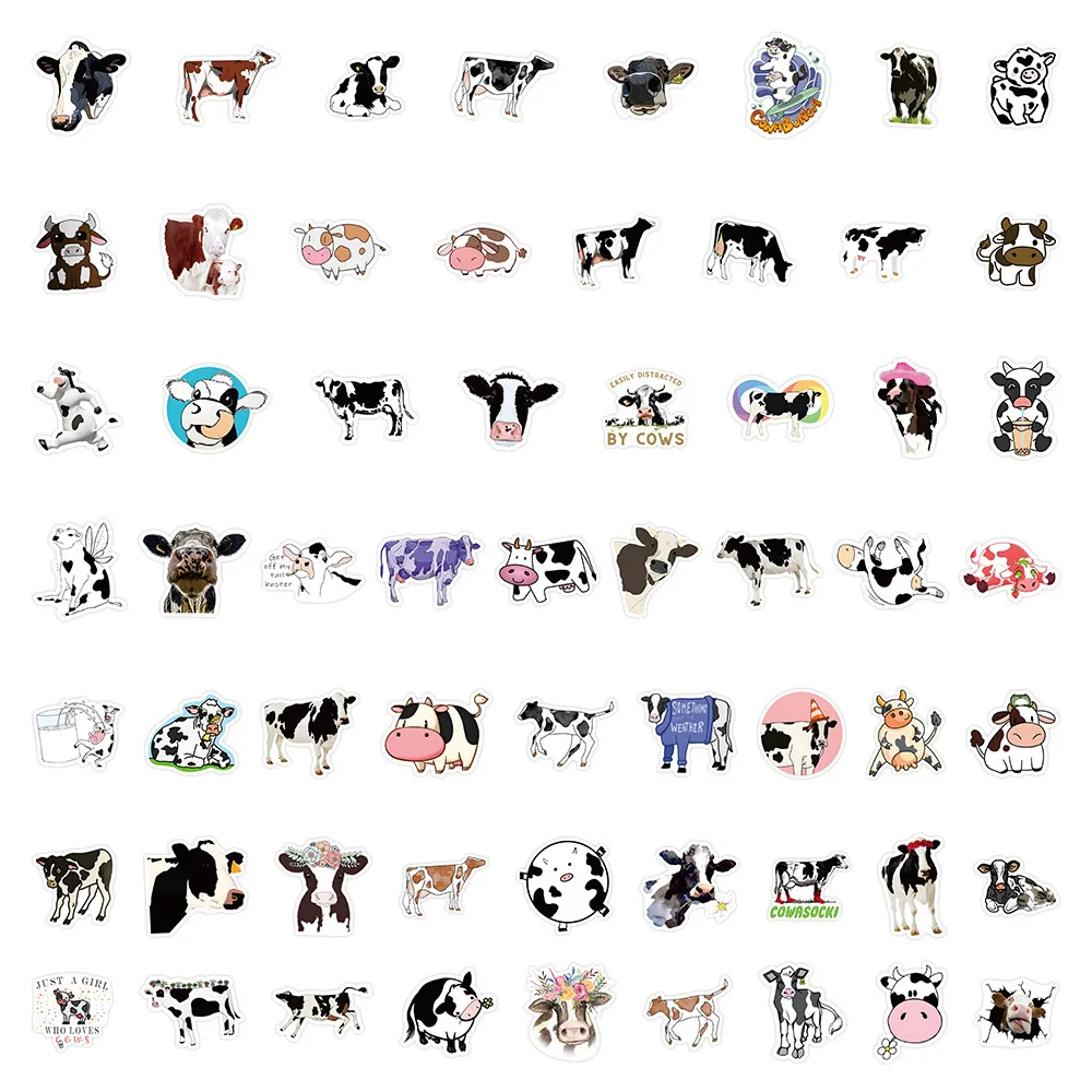 60PCS 젖소 만화 스티커 동물 낙서 데칼 어린이 장난감 장식 수하물 노트북 전화 기타 자동차 자전거 스티커 장난감