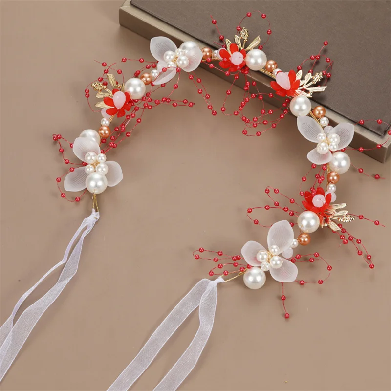 Princess Pearl Flower Wreath Headbands Elegant Sweet Girls Hairbands Wrist Flower Wedding Party Dance Headdress Decoration