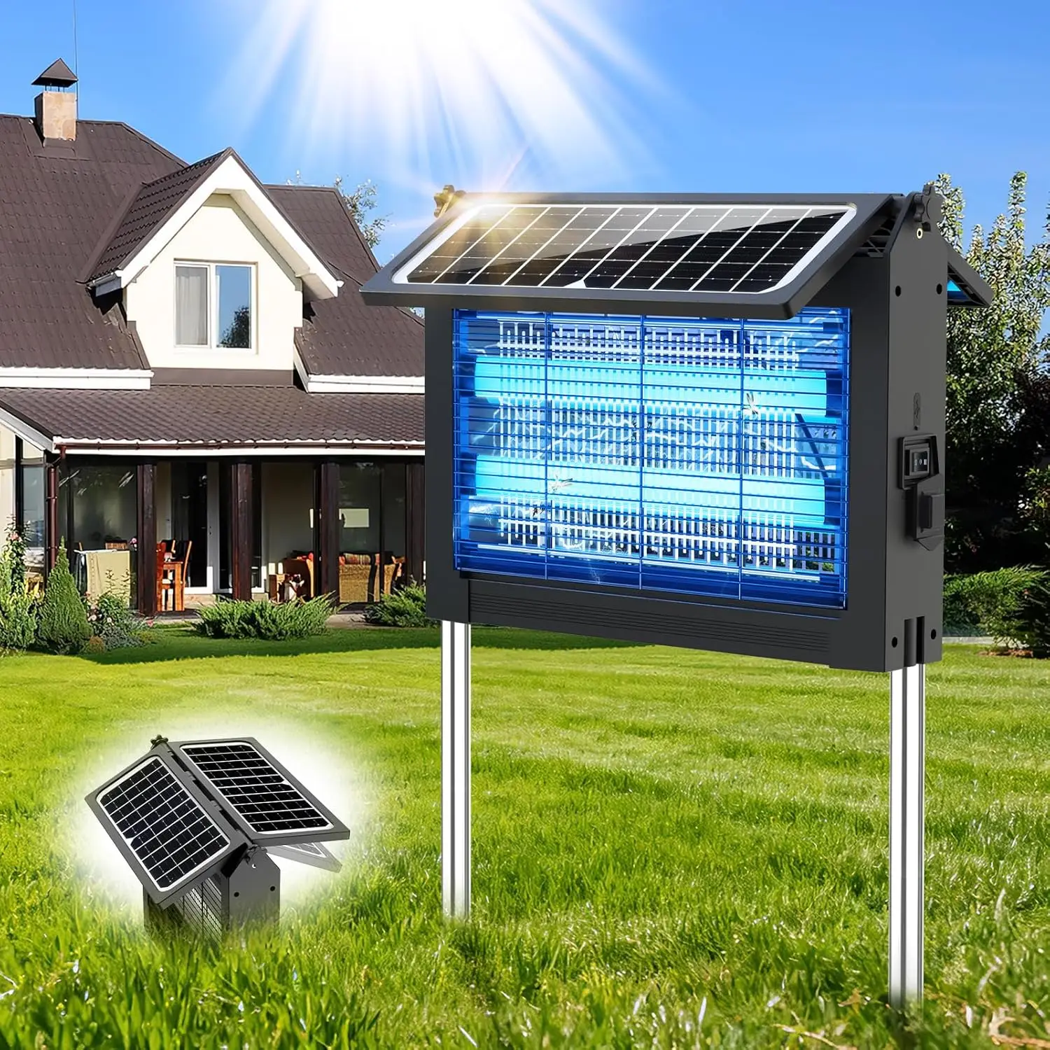 Solar Bug Zapper Outdoor, 4500V Electric Mosquito Zapper with Dual Solar Panels & USB Charging, IPX5 Waterproof Fly Trap