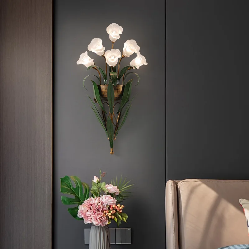 

Creative White Pink Flower Wall Light French Rural Leaf Bedside Lamp Living Room Homestay Europe Pastoral Home Decor Lighting