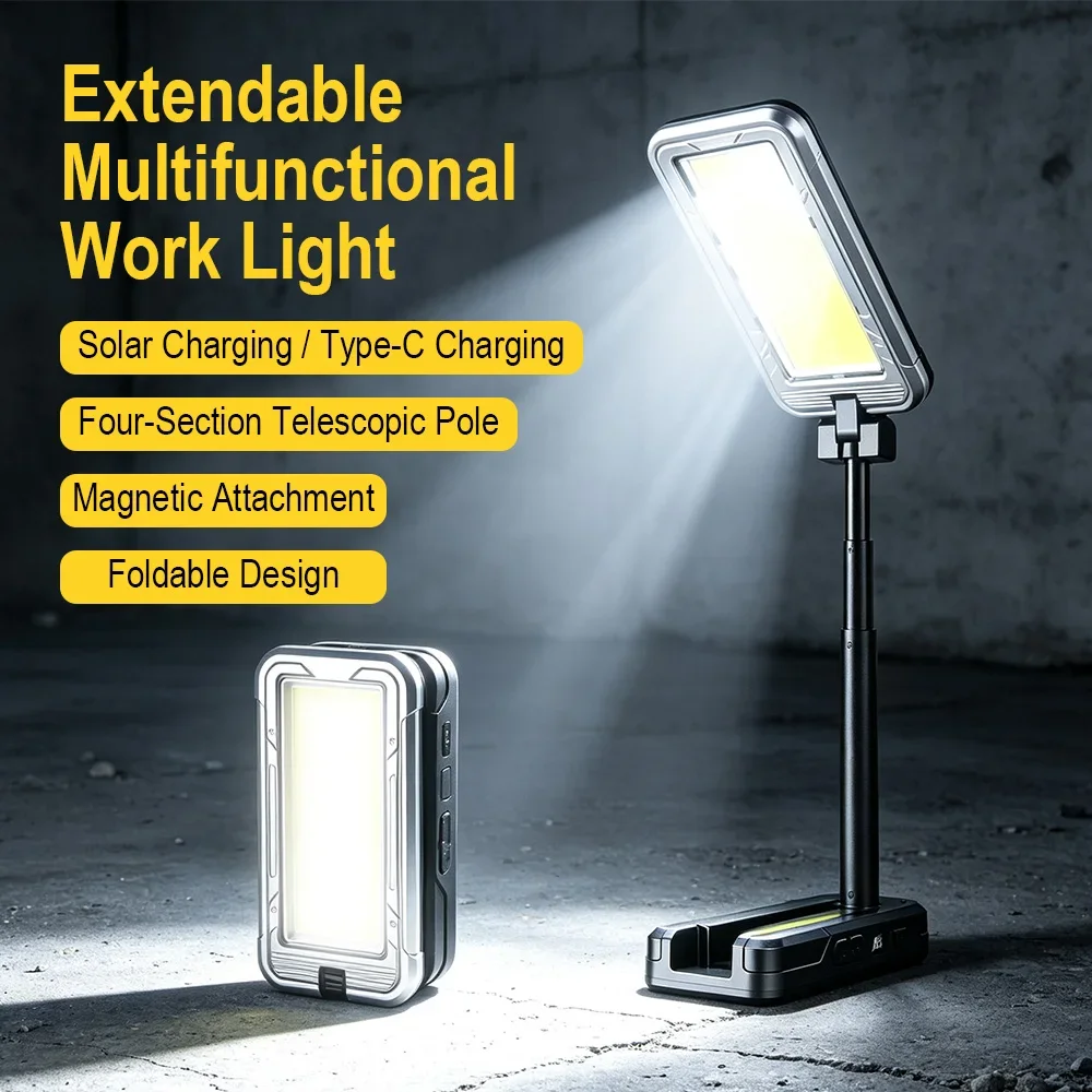 BORUiT Multifunctional Telescopic Solar Work Light 850LM Type‑C & Solar Charging Magnetic Hanging Emergency Lamp For Car Repair