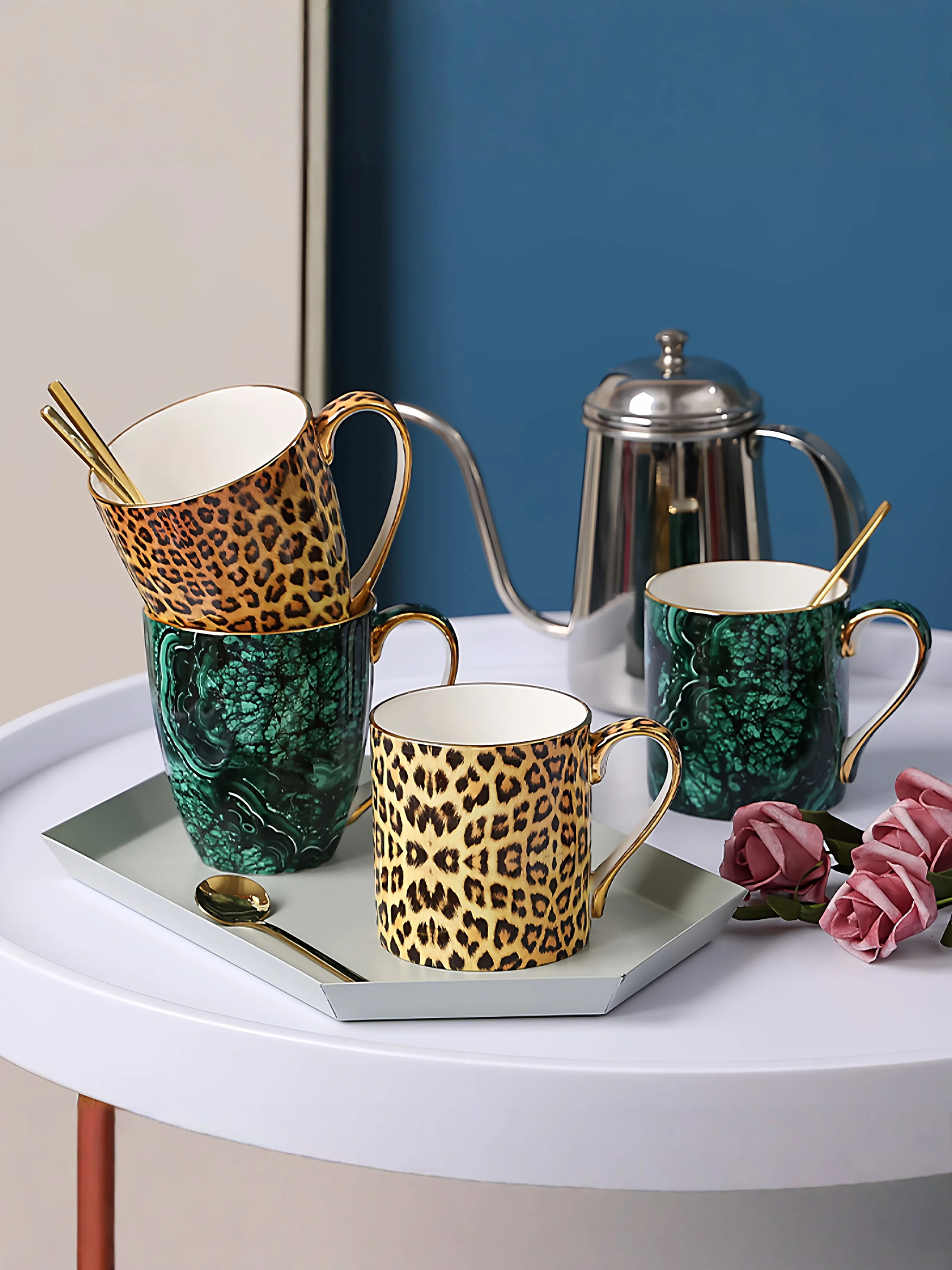 Leopard Print Bone China Mug, Gold Trim Porcelain Coffee Cup, Luxury Bone China Water Cup for Home Decor Gift