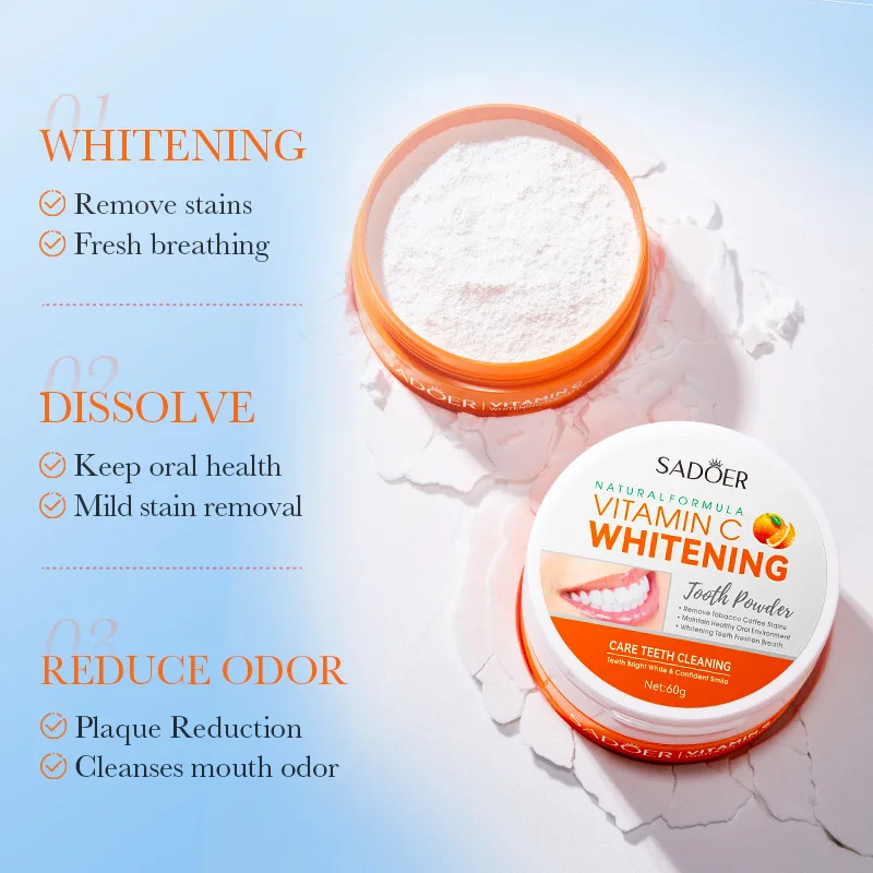 Vitamin C whitening tooth powder removes yellow stains from teeth, deeply cleanses teeth, and provides long-lasting fresh breath