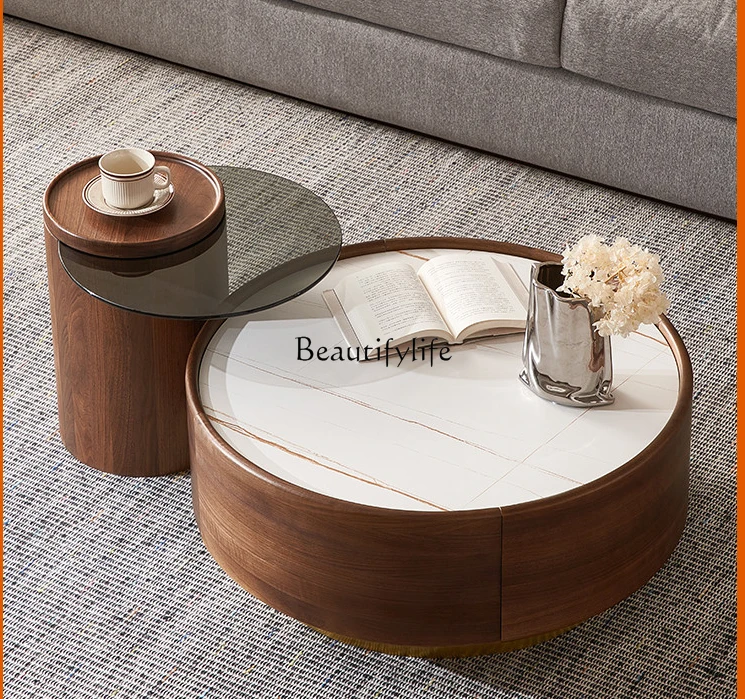 

Solid Wood Stone Plate Coffee Table Black Walnut round Tea Living Room Tea Table