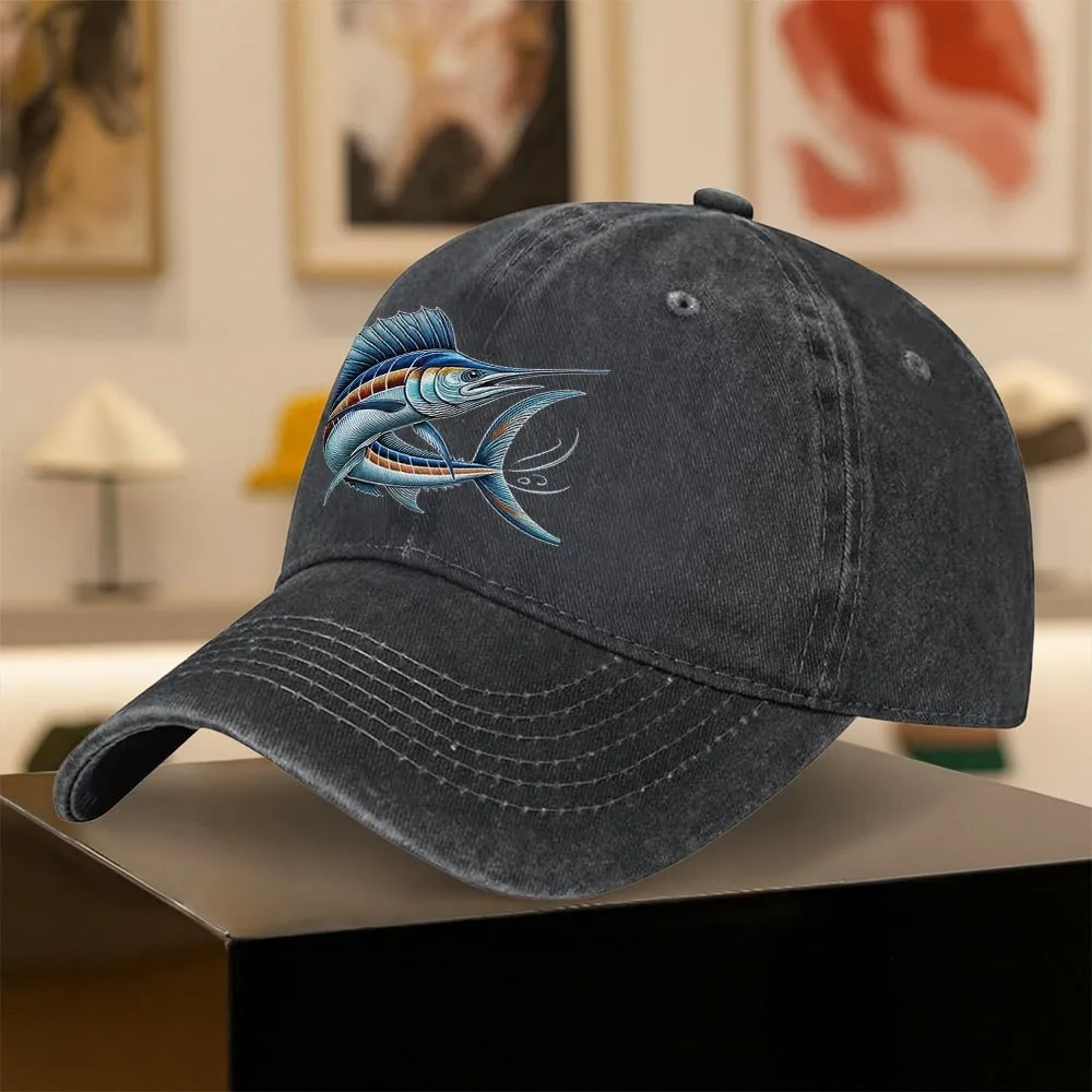 Blue Marlin Print Washed Denim Baseball Cap for Men Women Outdoor Activities