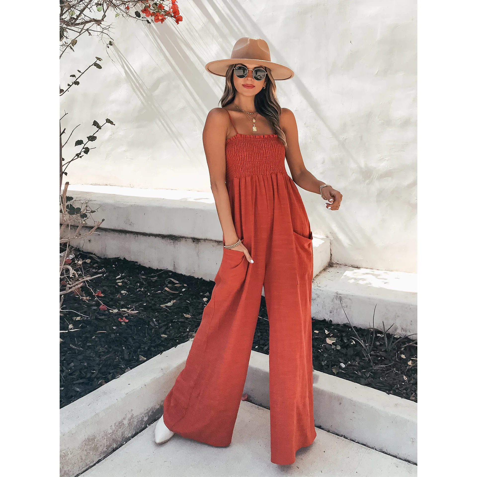 BKLD 2024 New Spring Summer Sexy Spaghetti Strap Loose Wide Leg Pants Casual Jumpsuit Women Clothing Vacation Outfits One Pieces