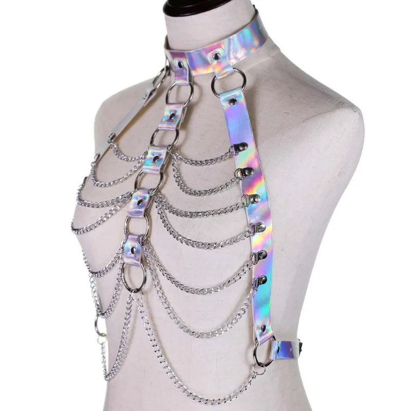 Holographic Leather Body Chain Harness Punk Goth Sexy Bondage Lingerie Suspender Body Chain Laser Leather Chain Bra Bra Strap