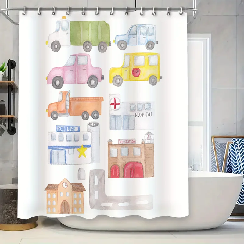 

Детская городская занавеска для душа — красочные автомобили, школьный автобус и здания на белом цвете, водонепроницаемый яркий декор для ванной комнаты