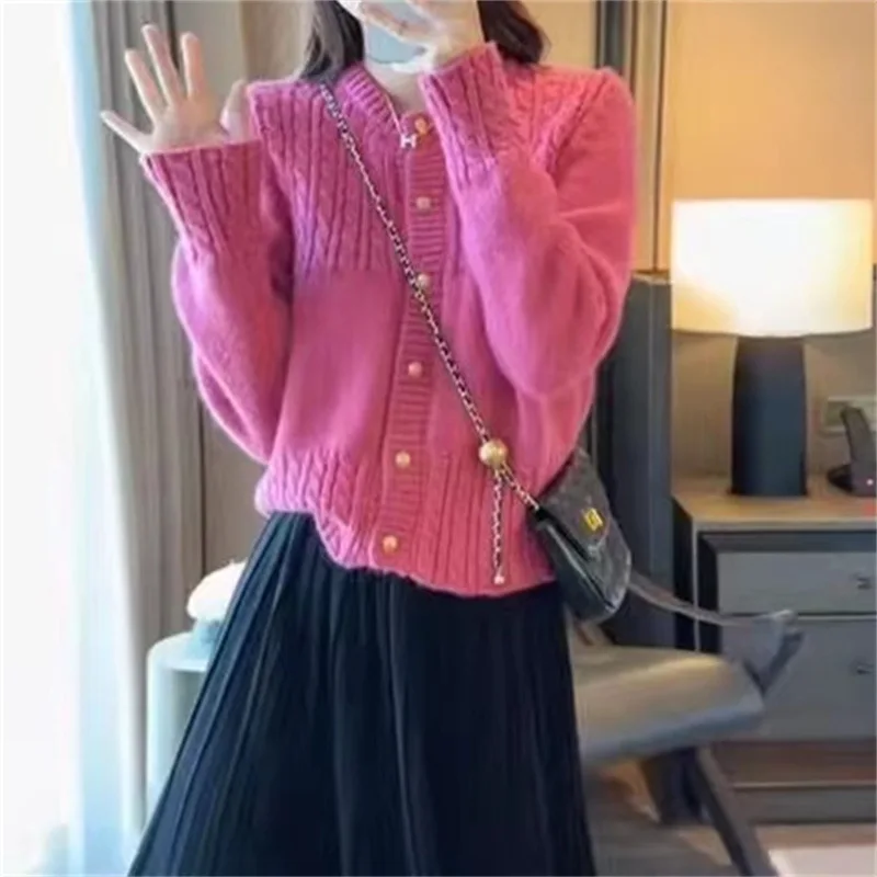 Women Knit Round Neck Cardigan Spliced Full Sleeves Button Thick Sweaters Jumper Casual Coats Straight Outwear Regular