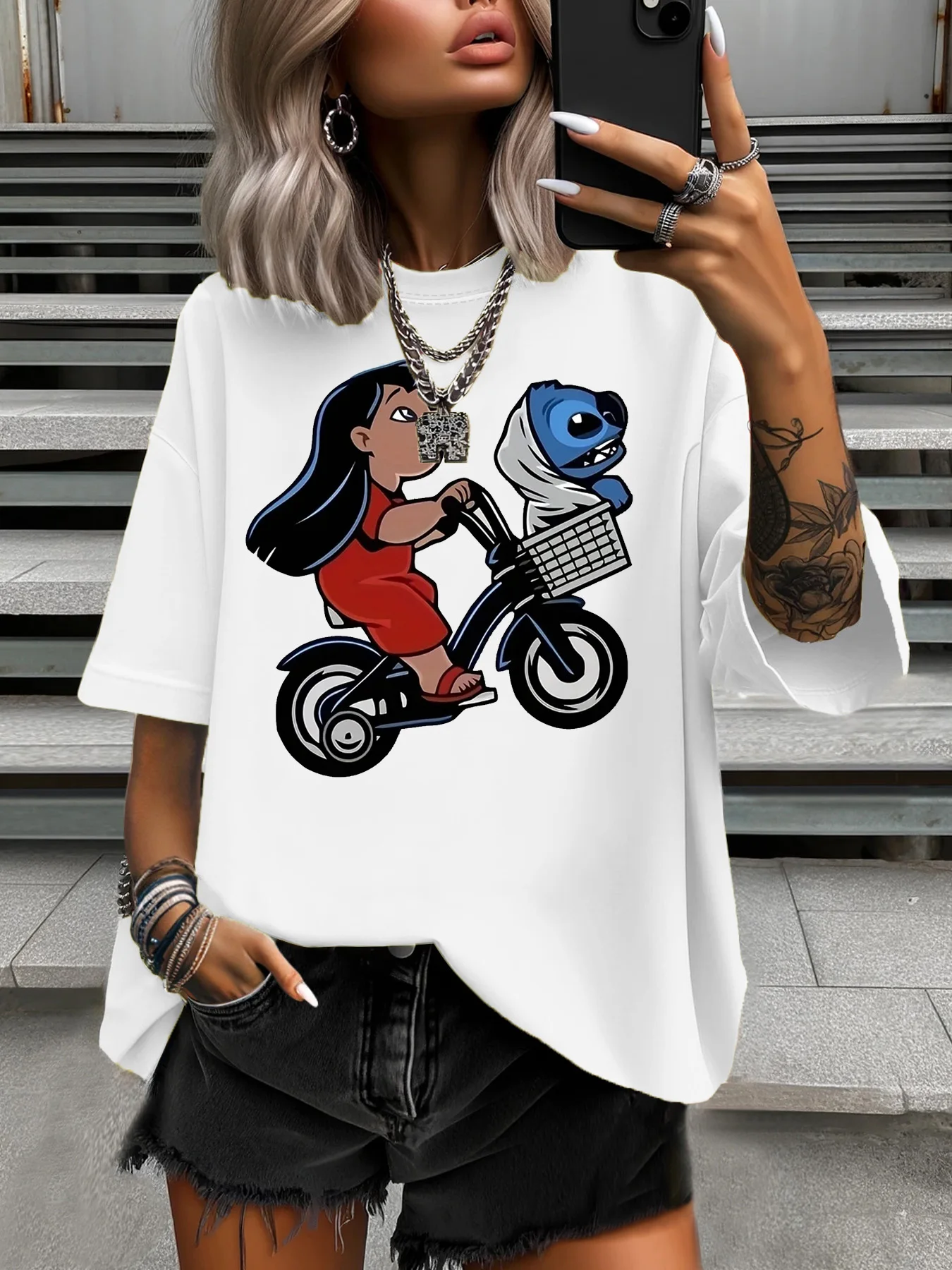 

Summer Women's Plus Size T-Shirt Original Design Funny Cartoon Bicycle Printed Women's Casual Soft Round Neck Short Sleeved Tops
