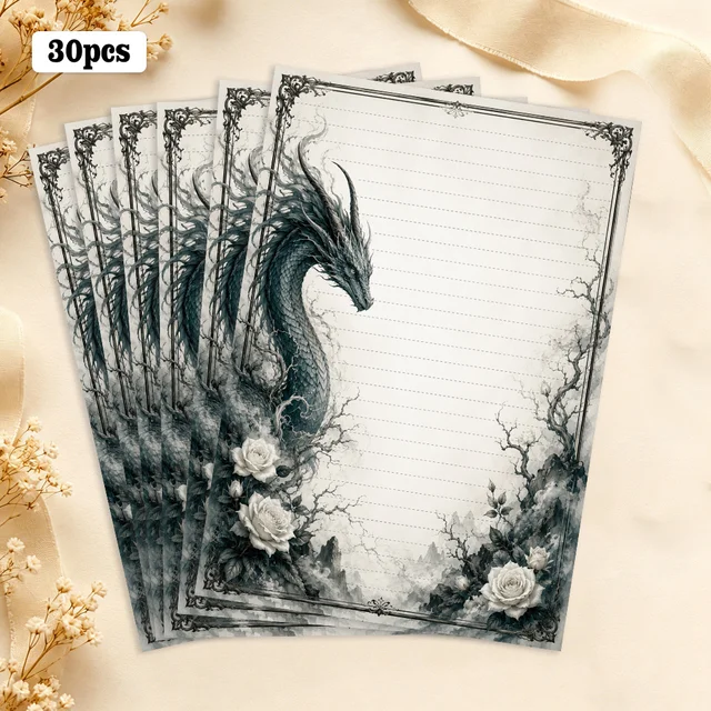 30 Sheets, B5 Dark Vintage Dragon And Rose Themed Writing Paper, Lined, No Glue, Perfect For Notebooks, Memos, And Stickers 4