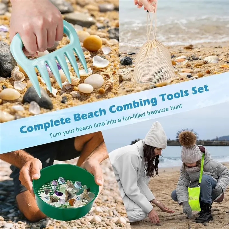 Excellent-Plastic Sand Shell Scooper Sharktooth Sifter Tools Sand Shovel Rake With Sand Sifters& Mesh Beach Bag& Seashell Sack