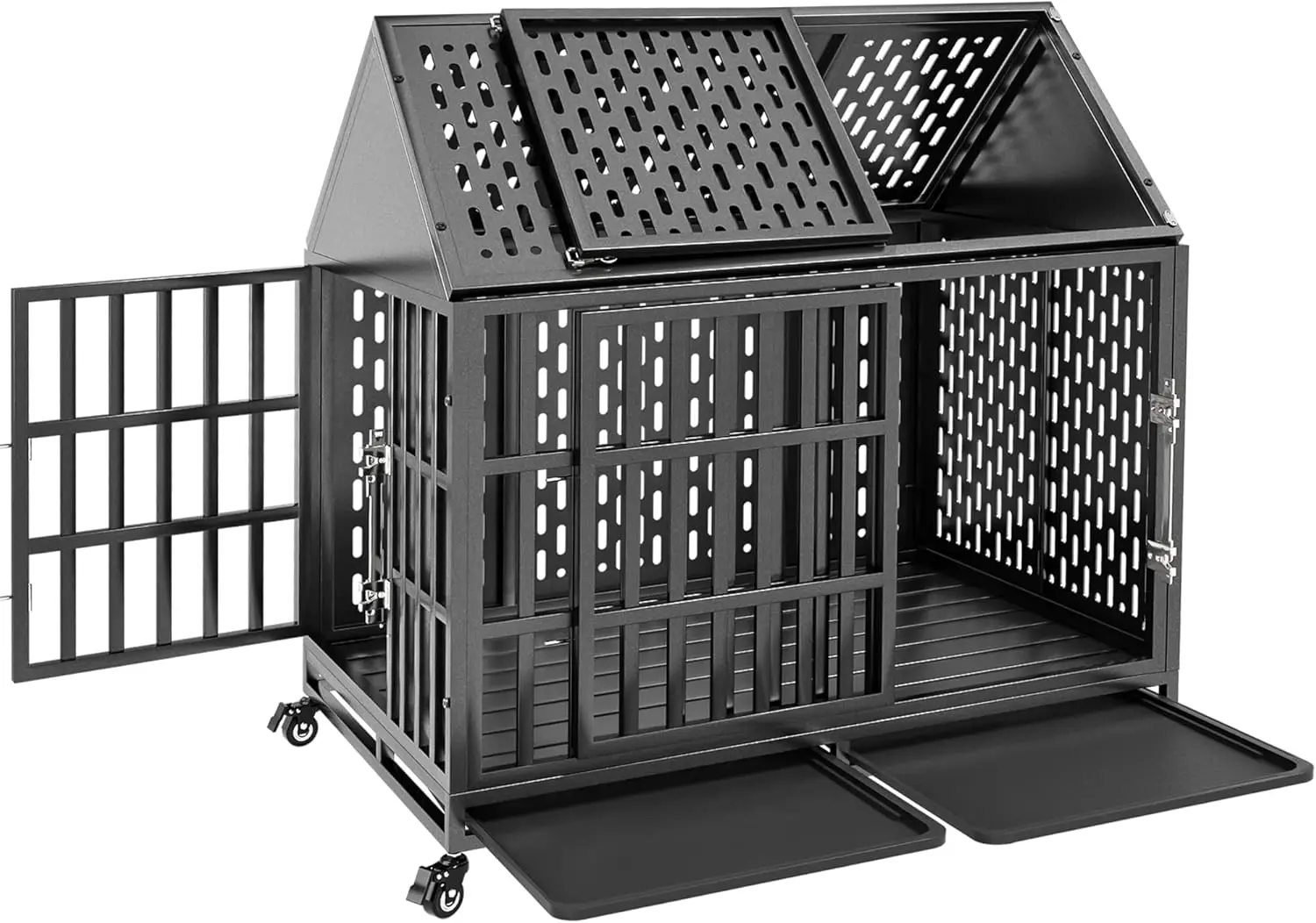 

42 Inch Heavy Duty Dog Crate with Self-Locking Latch, Indestructible Large Kennel with Removable Trays and Lockable Wheels