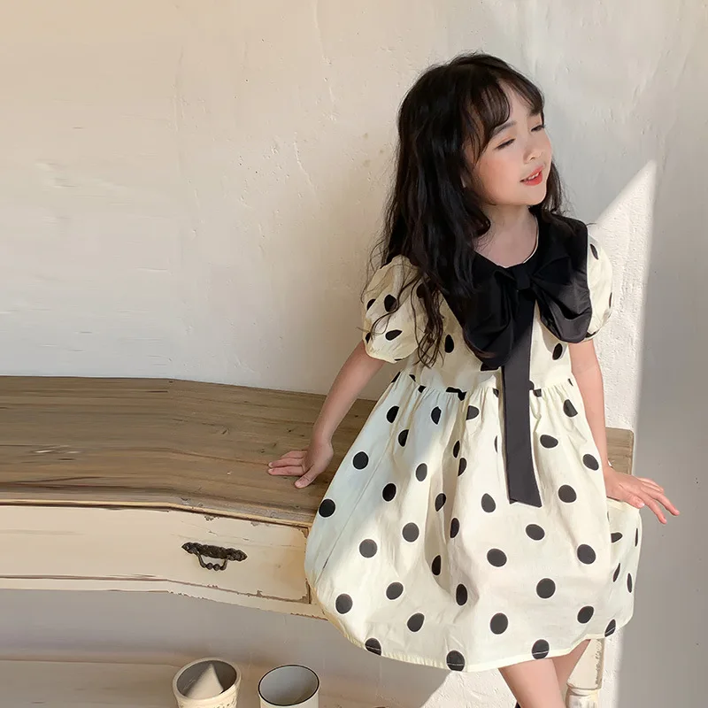 فستان أنيق للفتيات رقصة البولكا دوت ، ملابس أطفال كورية ، أكمام فانوس ، قوس عالي الجودة ، فستان دمية على طراز الأكاديمية ، جديد