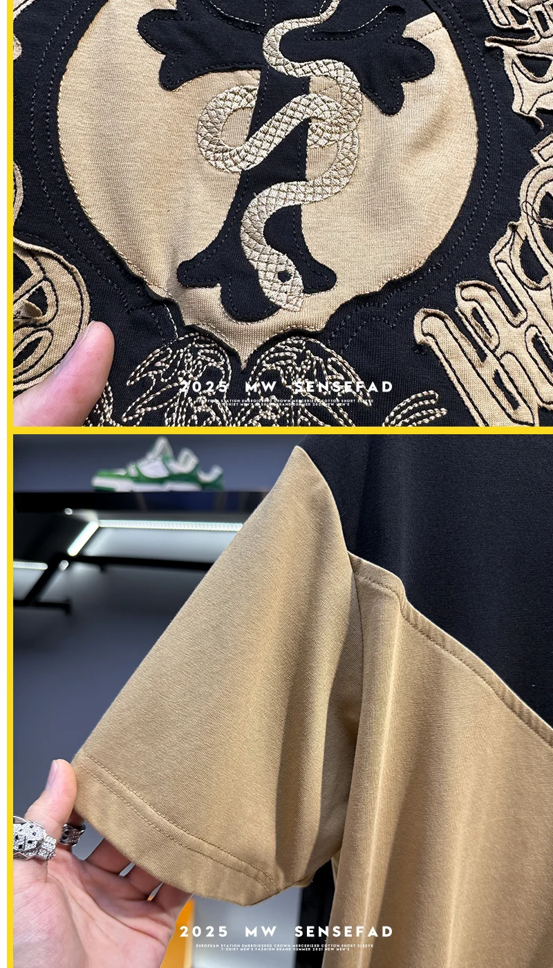 High-end embroidery printed short-sleeved t-shirt trendy brand 2025 new summer loose European splicing half-sleeves