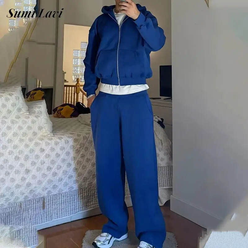 Fashionable Hooded Zip Up Long Sleeve Tops And Pants Set For Mens Vintage Loose Fit Two Piece Outfit Autumn Winter Casual Mens