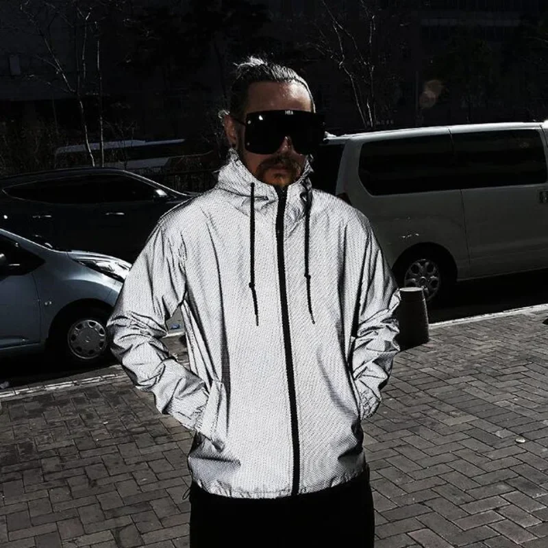 New Men\'s Nighttime Fully Reflective Hooded Jacket Street Hip Hop Couple Outfit Casual Baseball Mesh Reflective Windbreaker