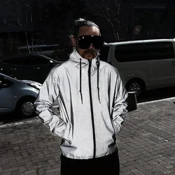 New Men's Nighttime Fully Reflective Hooded Jacket Street Hip Hop Couple Outfit Casual Baseball Mesh Reflective Windbreaker