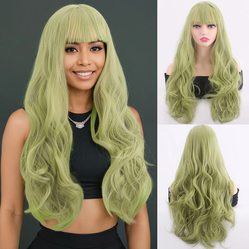 

Парик, женская мятно-зеленая воздушная челка, большие волны, длинные вьющиеся волосы, модный женский комплект длинных волос, парик из синтетического волокна