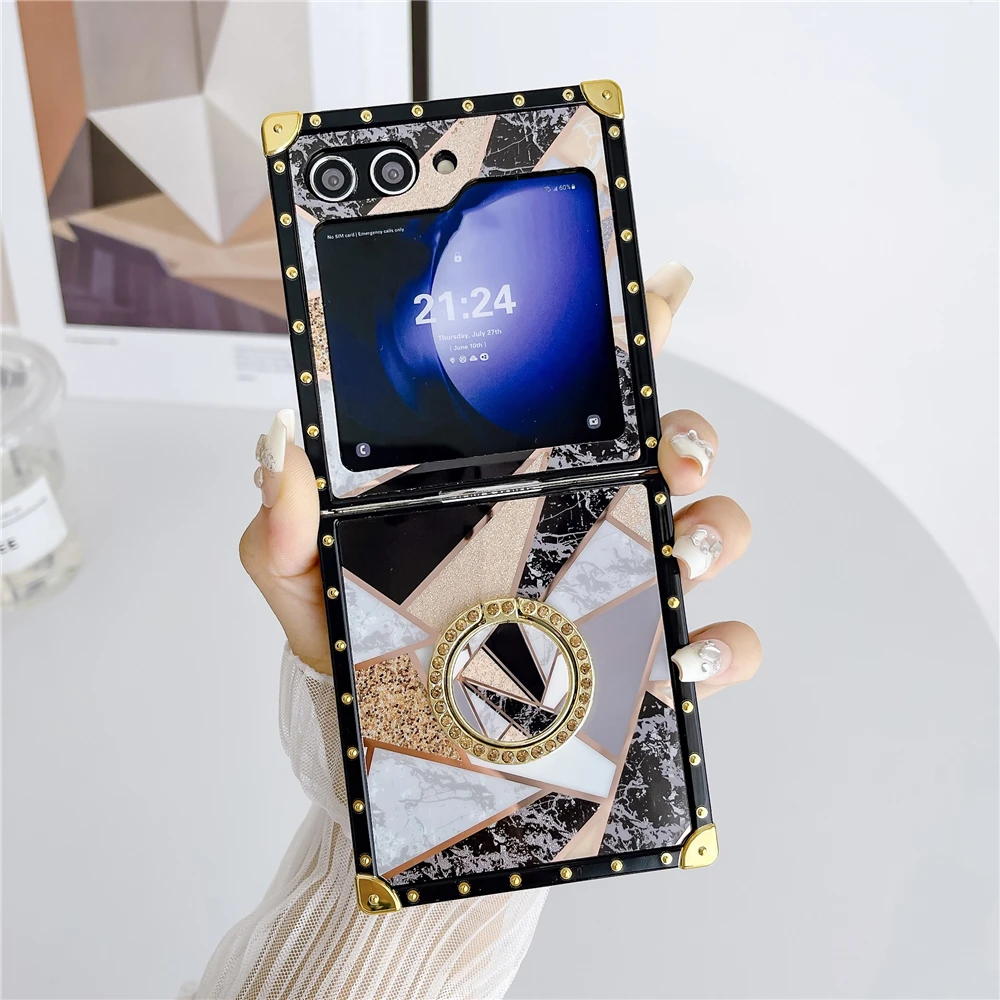 Luxury Glitter Geometry Pattern Case For Samsung Galaxy Z Flip 6 Flip 3 Leopard Lip Flower Cover For Samsung Z Flip 5 Flip 4 image 3