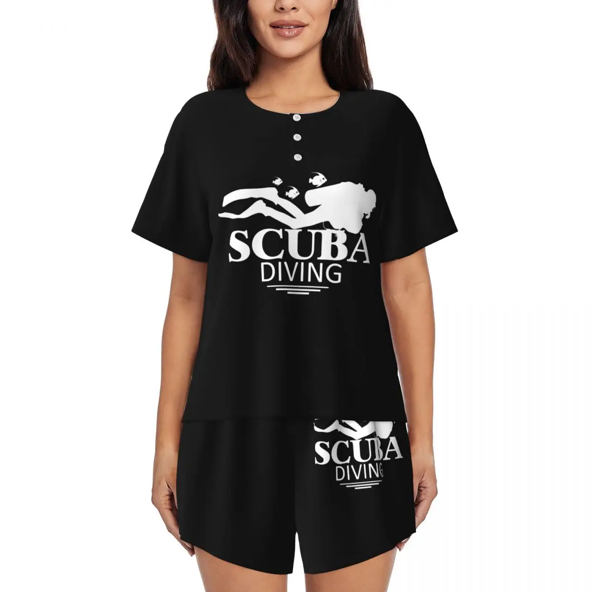 

Custom Funny Scuba Diving Pajamas Set for Women 2-Piece Short Sleeve Dive Sleepwear Loungewear PJ Shorts Sets