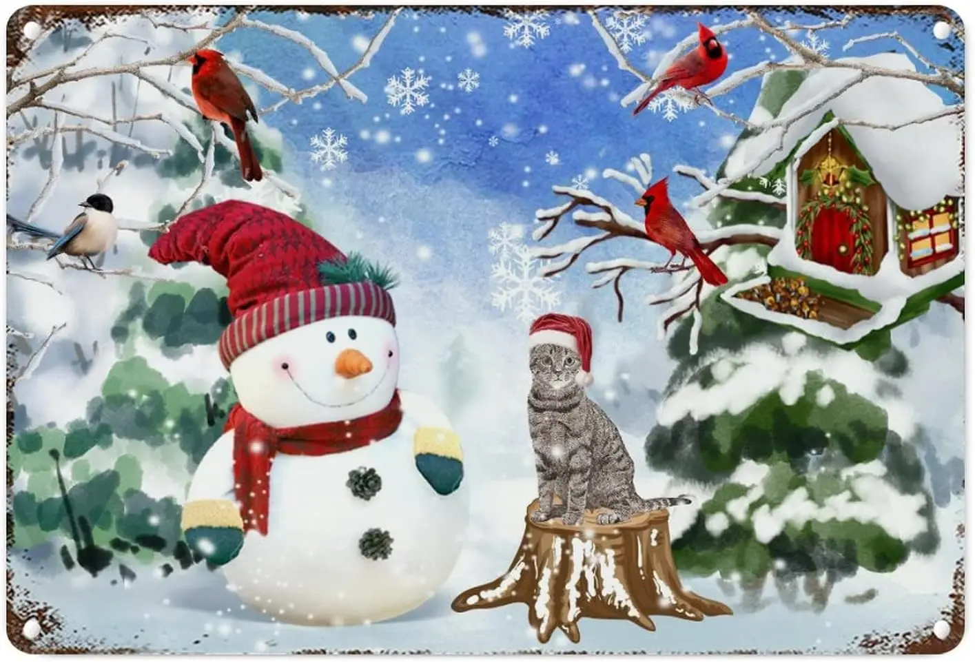 Metal Wall Sign Merry Christmas Winter Snowing World Metal Plaque Tin Sign Snowman Red Bird Cat Sign Happy Christmas French sign