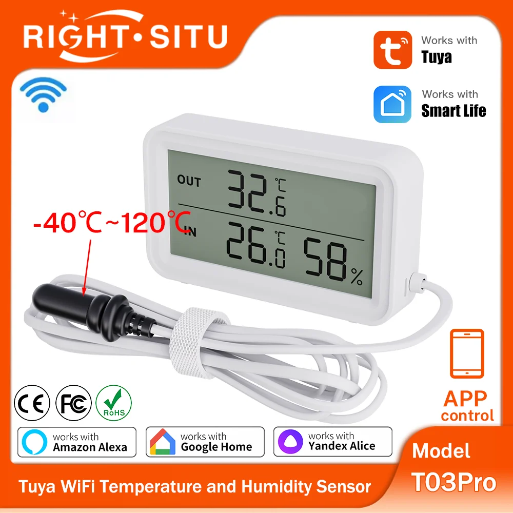 Tuya Temperature and Humidity Sensor With External Temperature Sensor WiFi Version Work With Yandex Alexa