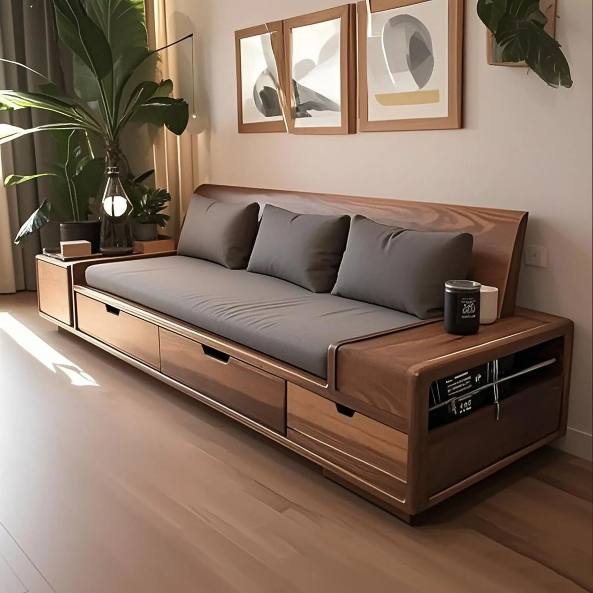New Chinese-solid wood sofa living room 2025 new North American black walnut straight row with drawers winter and summer sofa