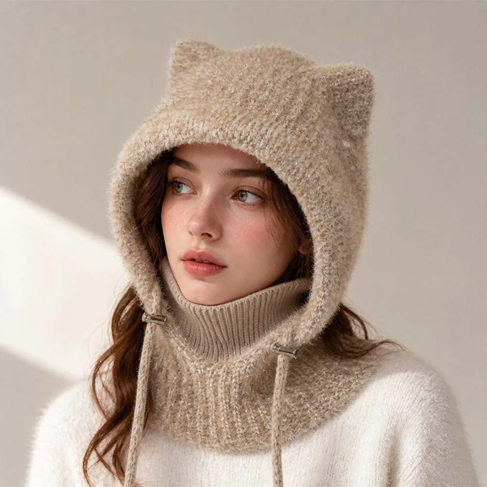 Integrated Winter Hat Windproof Cat Ears Beanie Thickened Crochet Hooded Scarf Hat Integrated Soft Mask Neck Warmer Girls