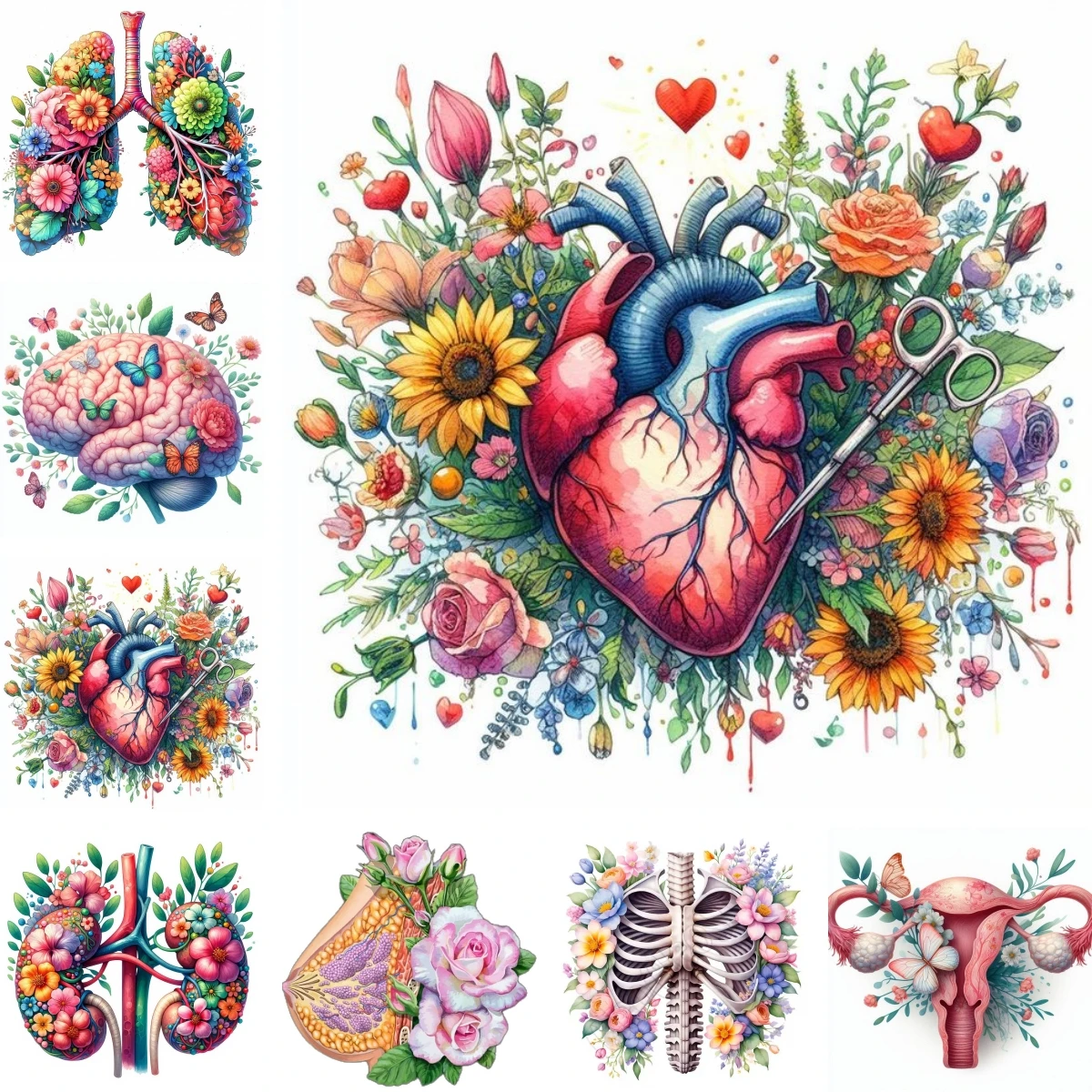 Anatomical Floral Art DIY Diamond Painting Full Drill Medical Science Lung Brain Kidney Mosaic Picture Gift for Doctors Nurses