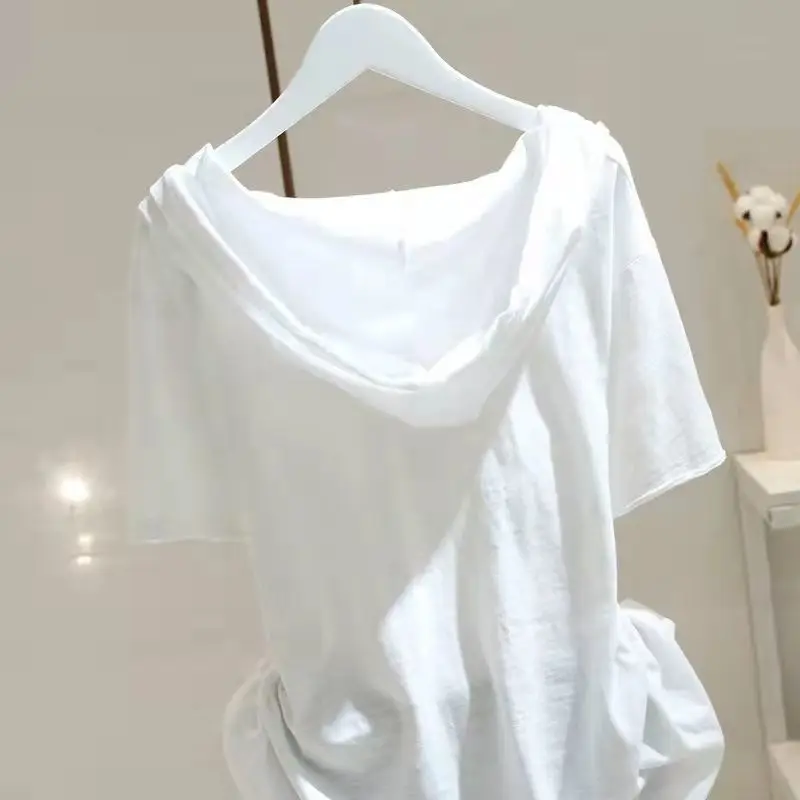 98% Cotton T Shirt Women Fashion Hooded Short-sleeved T-shirt 2024 Spring Summer Korean Style Loose Thin All-match Pullover Tops