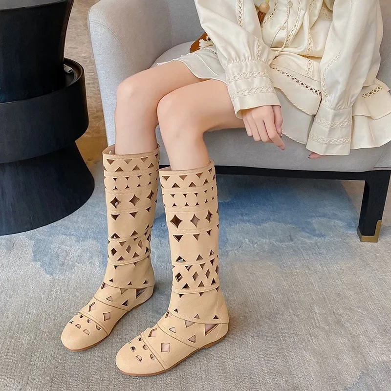 

2026 New Women Shoes Exquisite Hollowed Out Summer Boots for Woman Fashion Round Head Knee High Boots Designer Shoes Botas Mujer