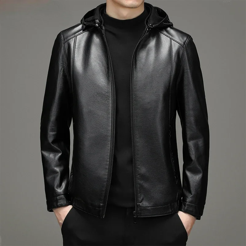 

Fashion Genuine Leather Jacket Men Spring Fall Casual Leather Jackets Man Clothing Slim Detachable Hooded Coat Roupas Maculinas