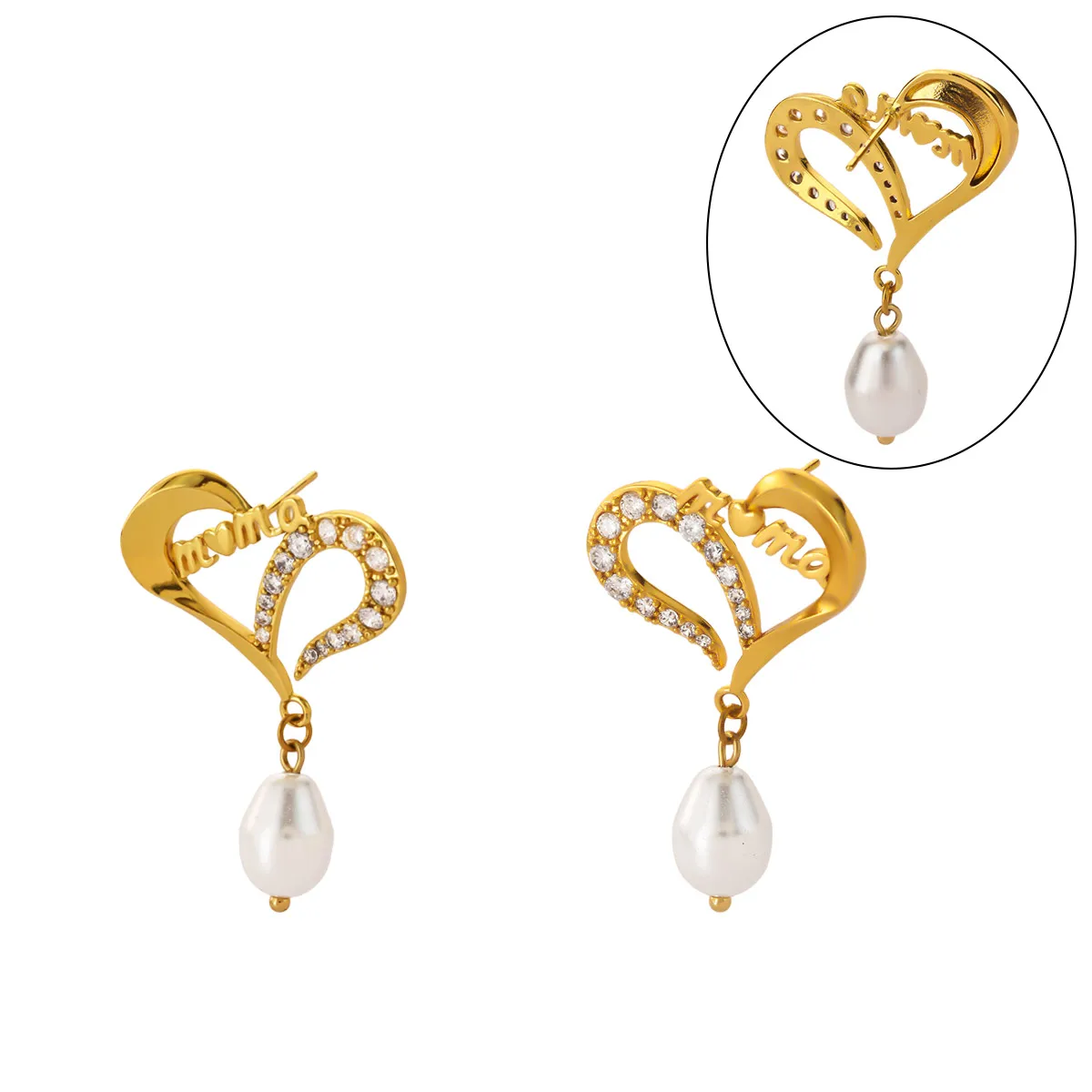 Elegante Ohrringe mit herzförmigen Tropfen aus Imitationsperlen, Damen, goldfarben, Kupfer, Zirkonia, hängende Ohrstecker, ästhetischer Schmuck, Geschenk für Mutter – Detail 4