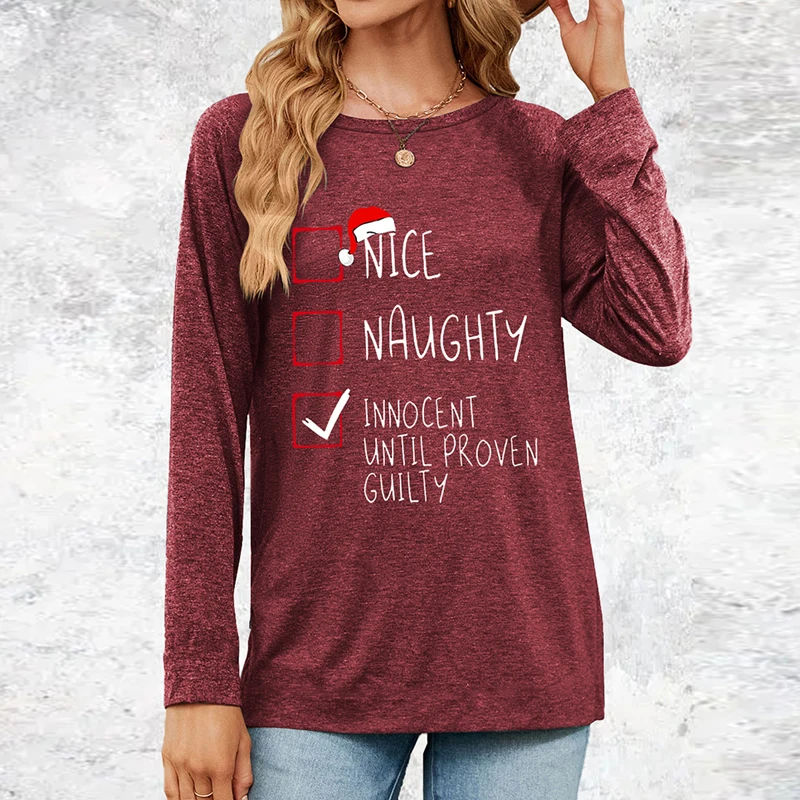 

Christmas hat letter autumn/winter 2024 new printed cotton long sleeved T-shirt top for women, round neck long sleeved